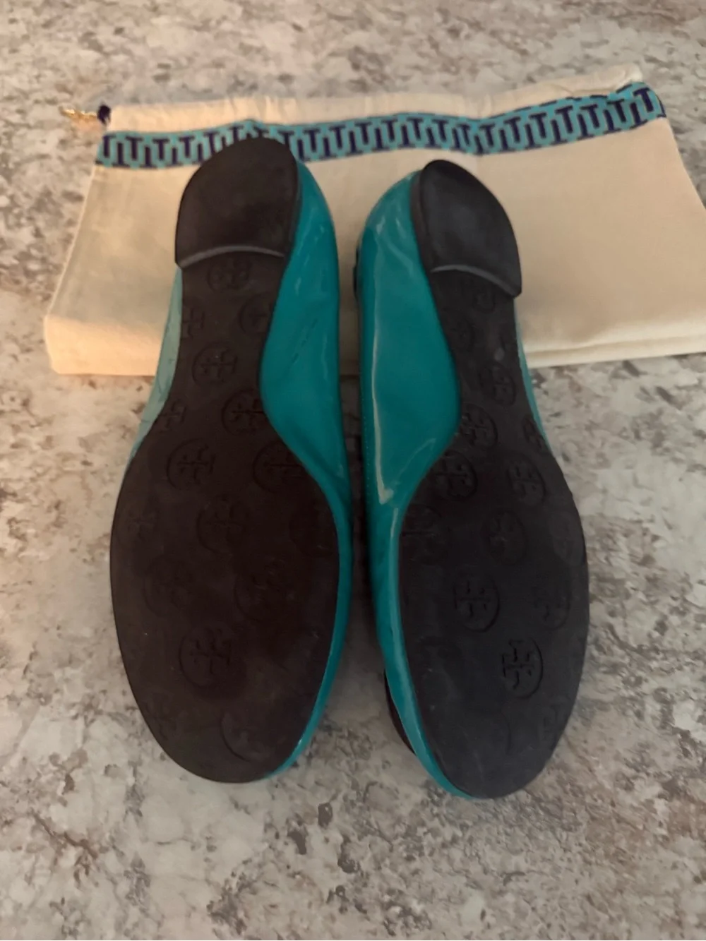Tory Burch Teal Patent Leather Logo Ballet Flats